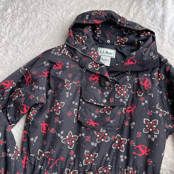 LL Bean Ski pullover anorak jacket shell coat snowflake‎ skiier boho black red S - Picture 7 of 17